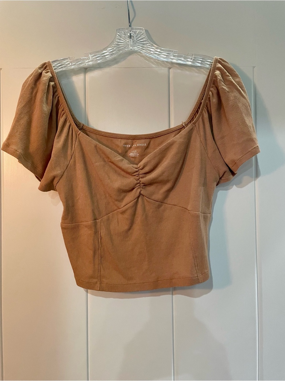 American Eagle Outfitters Tan Ruched Square-Neck Crop Top